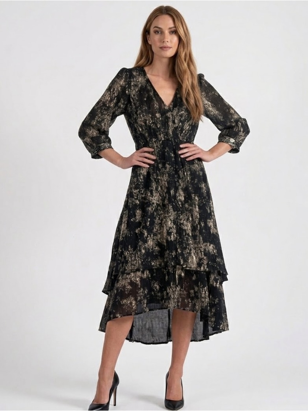 Elan Black Gold Metallic Tiered V-Neck High-Low Midi Dress Size Large